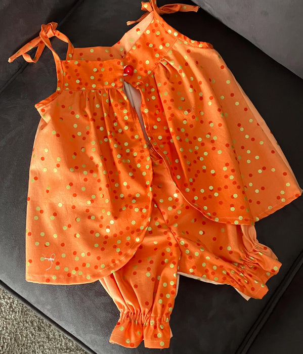 Cool off with this Gold and Orange Ombre Ruffled Girls Outfit, Cotton Pinafore Set (Size 3-4T)