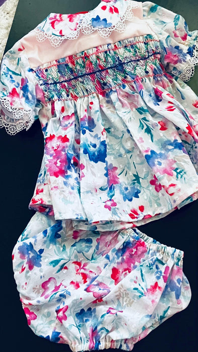 Hand Smocked Baby Dress, Lacy Floral Cotton, 3-6 Months