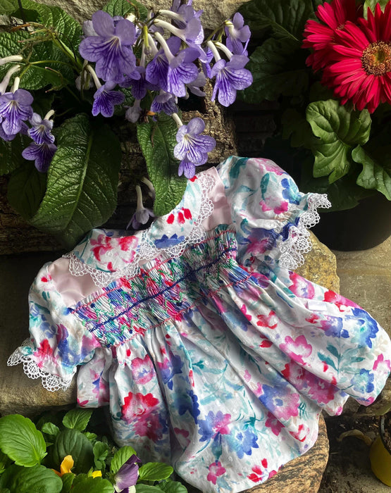 Hand Smocked Baby Dress, Lacy Floral Cotton, 3-6 Months