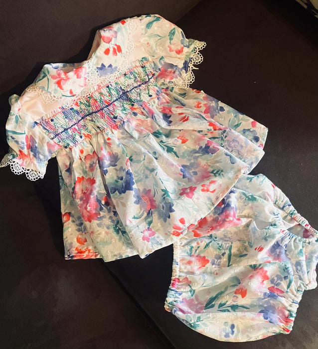 Hand Smocked Baby Dress, Lacy Floral Cotton, 3-6 Months