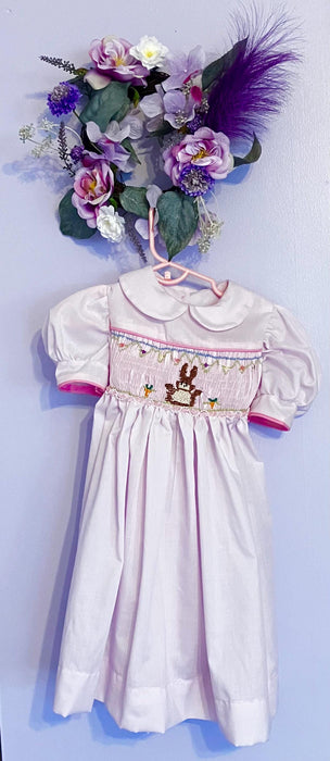Easter Smocked dress- pink with  bow tie and button closure with  Bunny,  flowers, fully lined bodice.