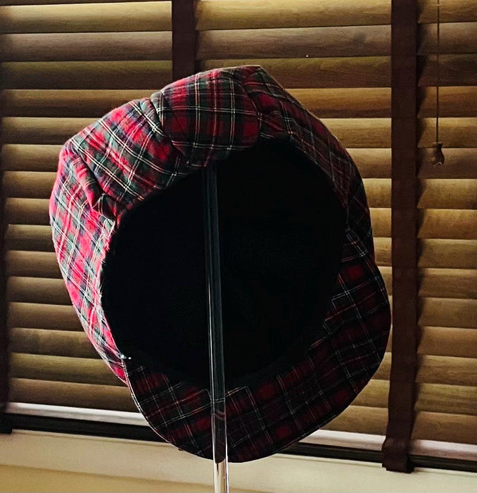 Men's flat cap for spring/summer, fully lined, small-red and greens plaid head circumference-22 inches