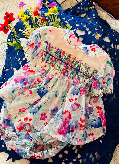 Hand Smocked Baby Dress, Lacy Floral Cotton, 3-6 Months