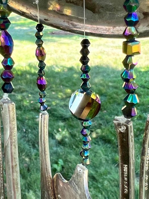Classic Teapot Chime Engraved "G" with metallaic purple, gold, blue and green beads