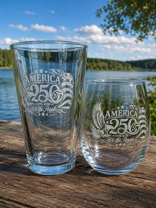 America 250 Commemorative Etched Glasses – Patriotic Keepsake Drinkware – 1776–2026 Anniversary Gift – Pint Glass or Stemless Wine Glass