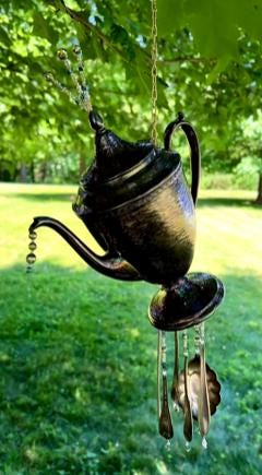 Classic Teapot Chime Engraved "G" with metallaic purple, gold, blue and green beads
