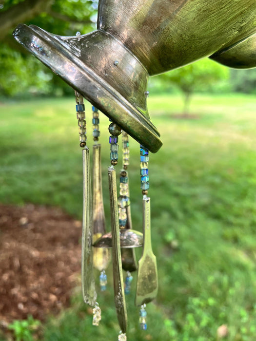 Classic Teapot Chime Features Sparkling Peach and Grey-Blue Beads