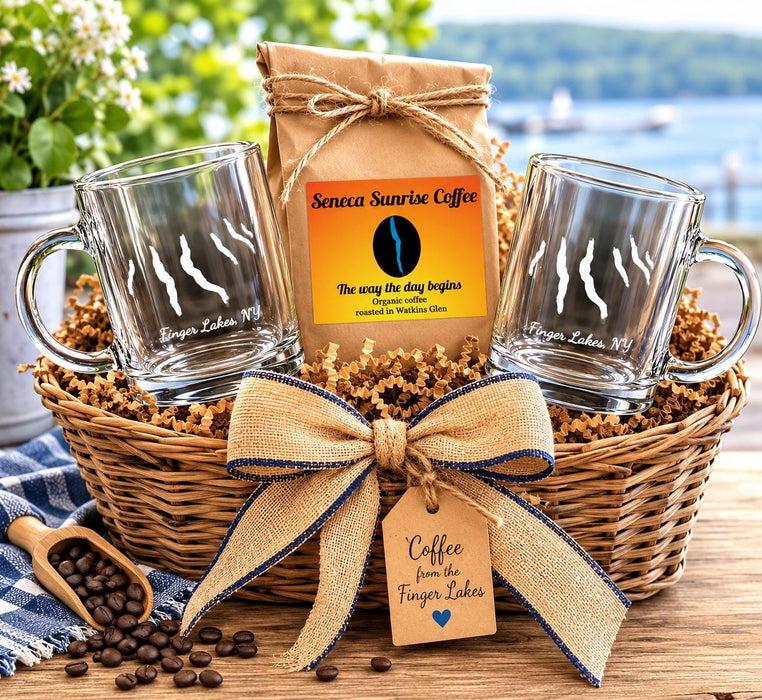 Finger Lakes Coffee Gift Basket | Etched Mugs, Seneca Sunrise Coffee