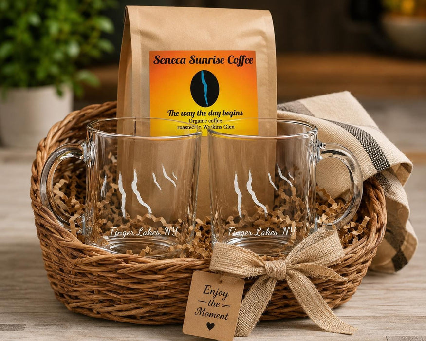 Finger Lakes Coffee Gift Basket | Etched Mugs, Seneca Sunrise Coffee
