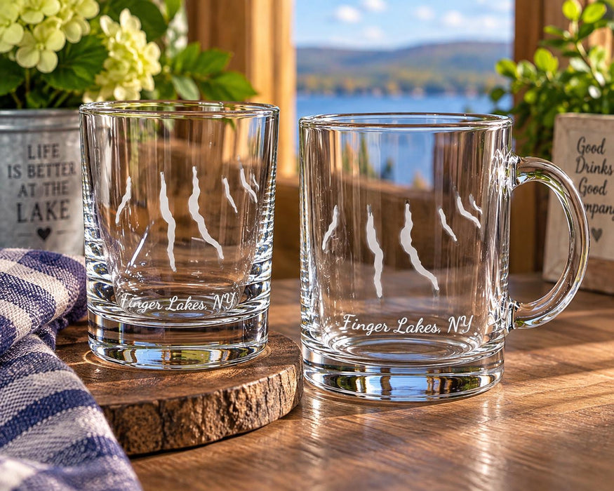 Etched Finger Lakes NY Glass | Rocks Glass or Mug | Lake House Barware Gift