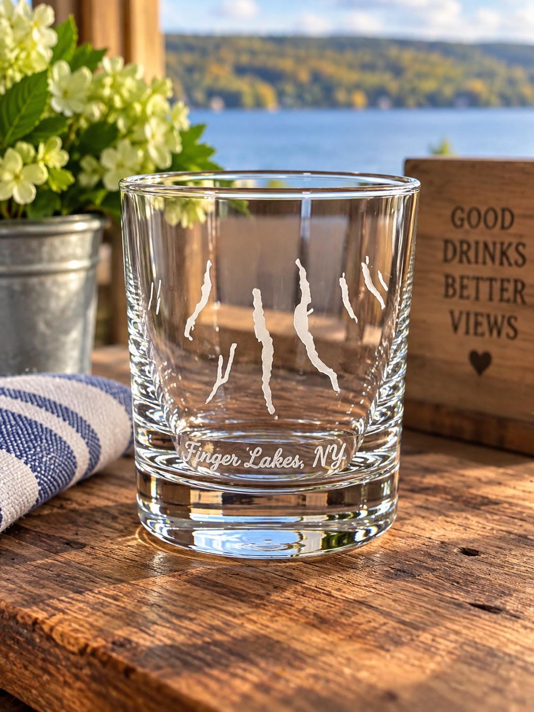 Etched Finger Lakes NY Glass | Rocks Glass or Mug | Lake House Barware Gift