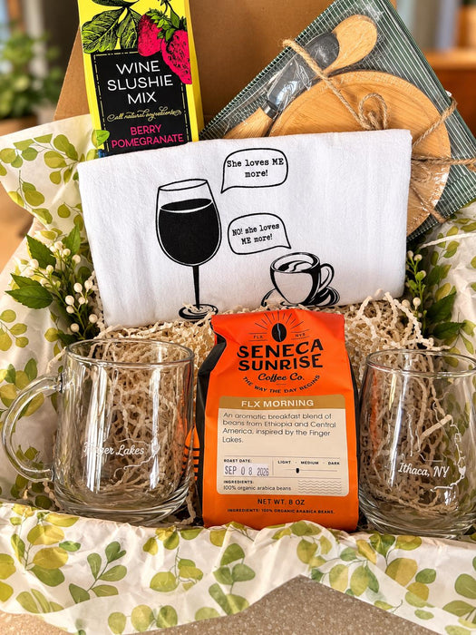 Coffee or Wine? Finger Lakes Gift Box | Coffee, Wine Slushie Mix, Glassware & Serving Set