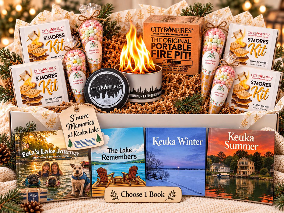 S’mores Gift Box with Portable Fire Pit & Choice of Keuka Lake Children’s Book, Family Campfire Gift Basket, Christmas Gift