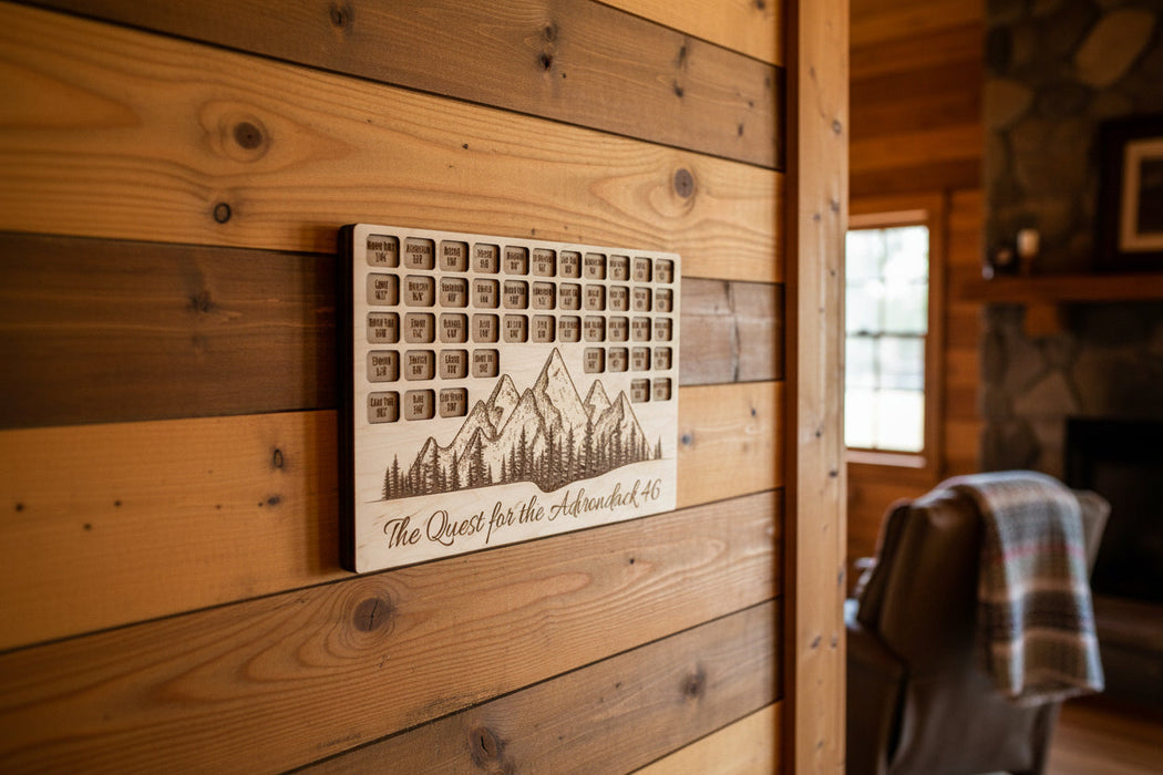 Adirondack 46 Peaks Challenge Mountain Tracker on a Cabin Wall