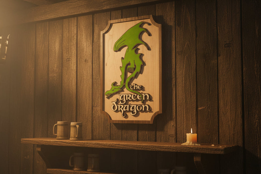 The Green Dragon Inn Sign hanging on a tavern wall