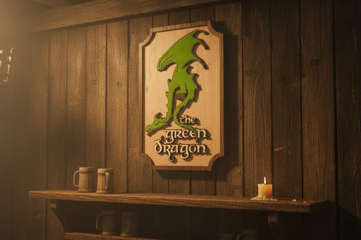 The Green Dragon Inn Sign hanging on a tavern wall