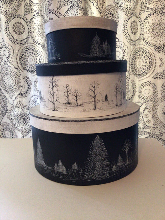 Round Black and White 3 piece set of winter trees