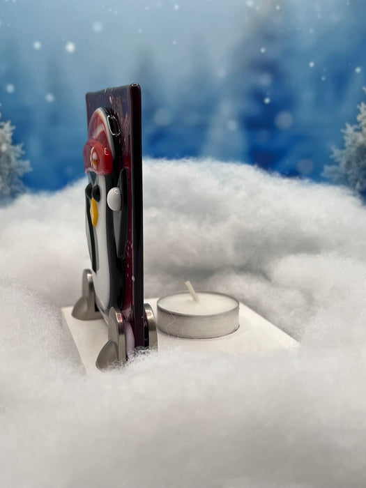 Winter Penguin Tea Light Holder - Handmade Fused Glass