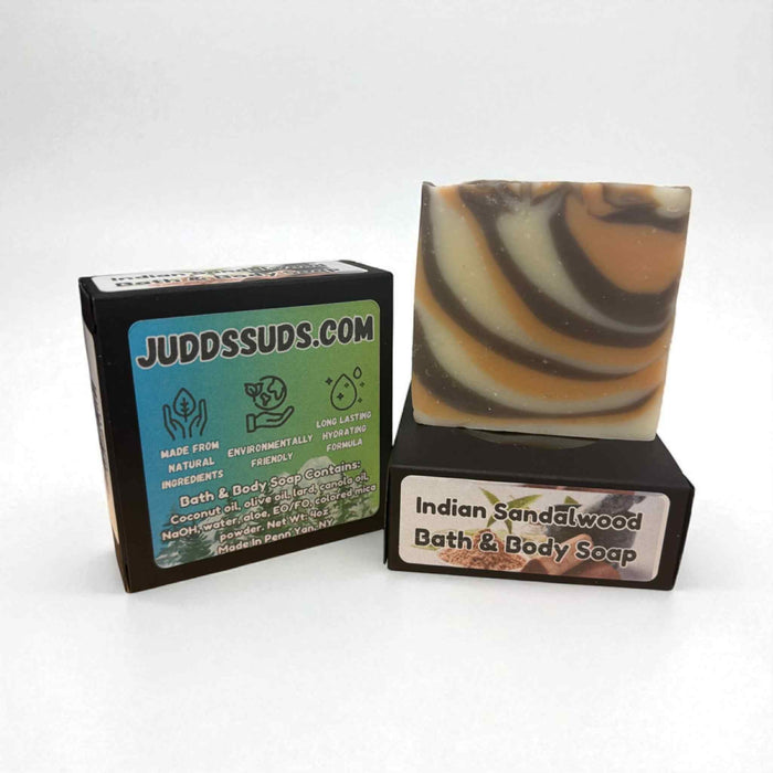 Indian Sandalwood bath and body soap with packaging on a white background