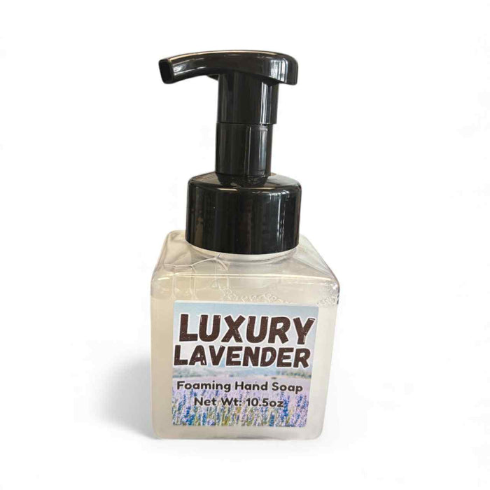 Luxury Lavender foaming hand soap with pump on a white background