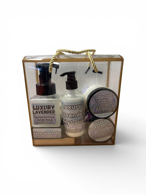 Luxury Lavender product set in a clear gift box on a white background