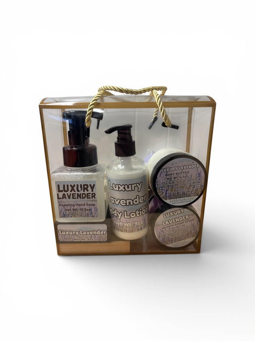 Luxury Lavender product set in a clear gift box on a white background