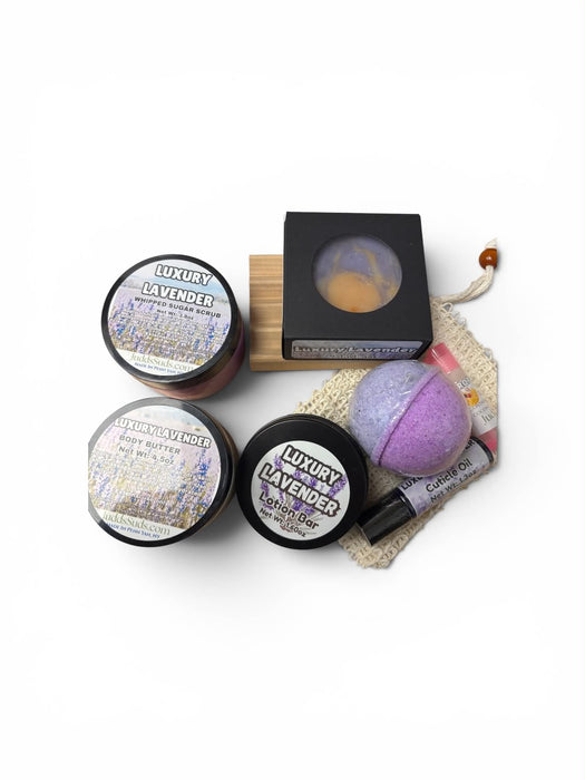 Luxury Lavender Gift Basket | Relaxation Spa Set with Soap, Body Butter, Scrub, Lotion Bar & More