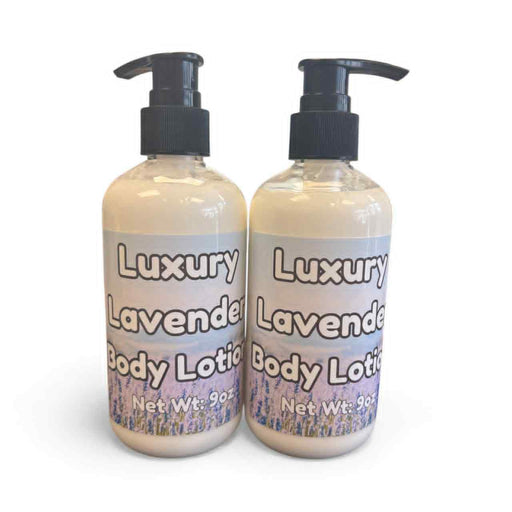 Two bottles of Luxury Lavender Body Lotion on a white background