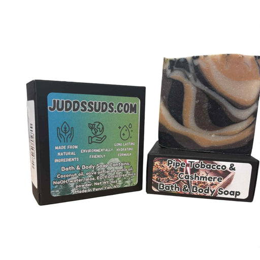 Pipe Tobacco & Cashmere bath and body soap with packaging on a white background