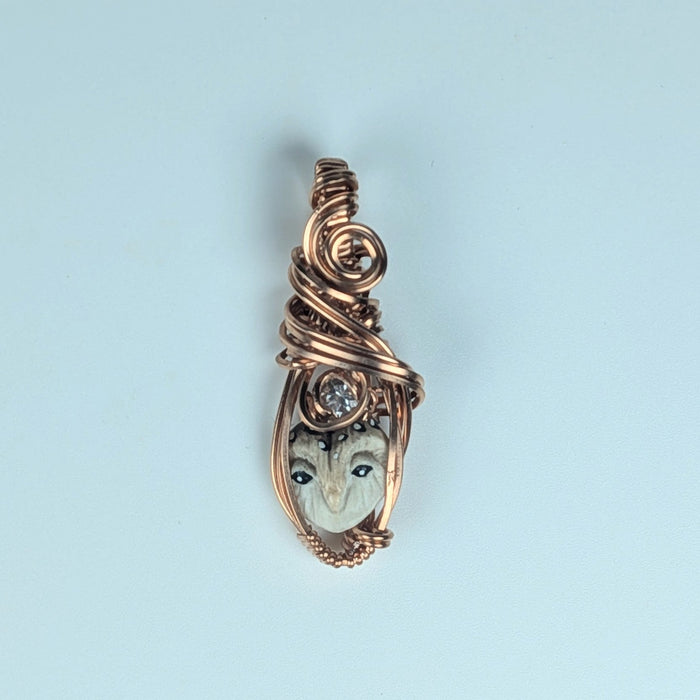 Micro Owl Pendant with White Topaz in Copper