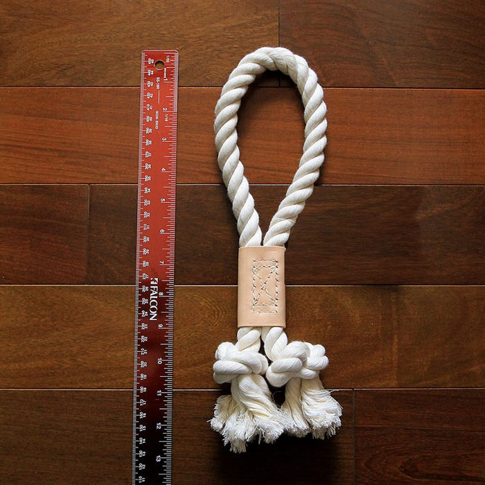 Natural Cotton and Leather Tug Toy - Ring, Knotted Rope