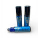 Three blue rollerball bottles with black caps on a white background