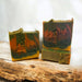 4oz soap bar, colored green, teal, gold and brown. Scented with sun baked whisky fragrance oil