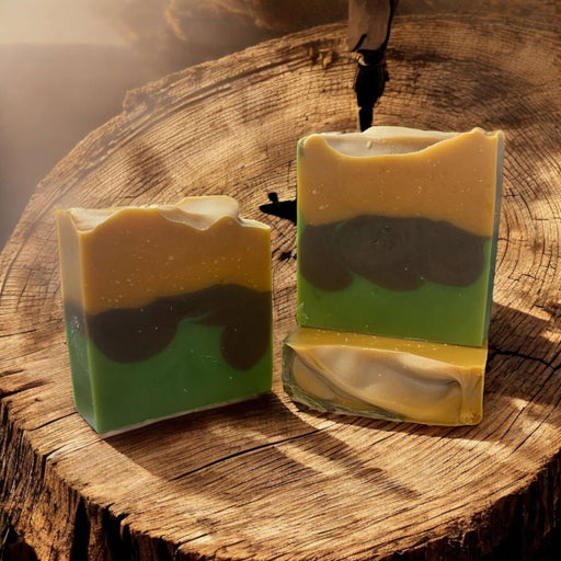 4oz soap bar, colored green,  gold and brown. Scented with sun baked whisky fragrance oil