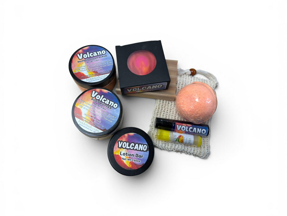 Volcano product packaging including jars and a pink sphere on a white background